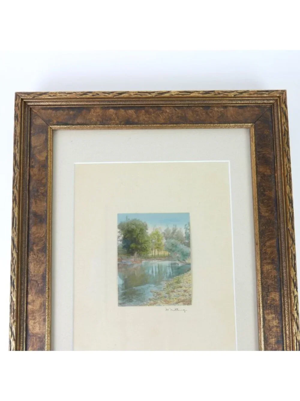 Wallace Nutting Hand Colored Photograph Antique Print Trees Pond Swimming Framed